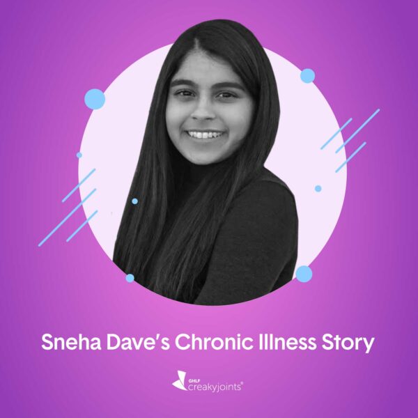 A black and white photo of chronic illness patient advocate Sneha Dave set on a purple background. On the text are the worls "Sneha Dave's Chronic Illness Story"