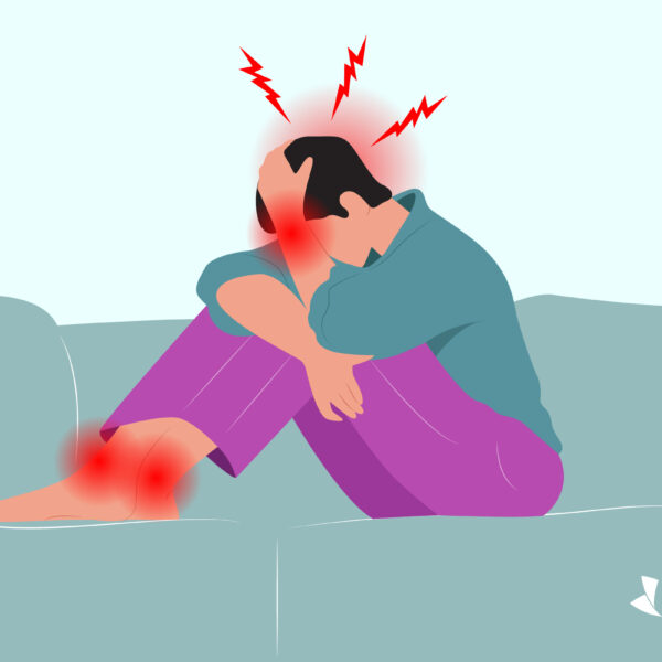 illustration of woman in purple pants with migraine pain