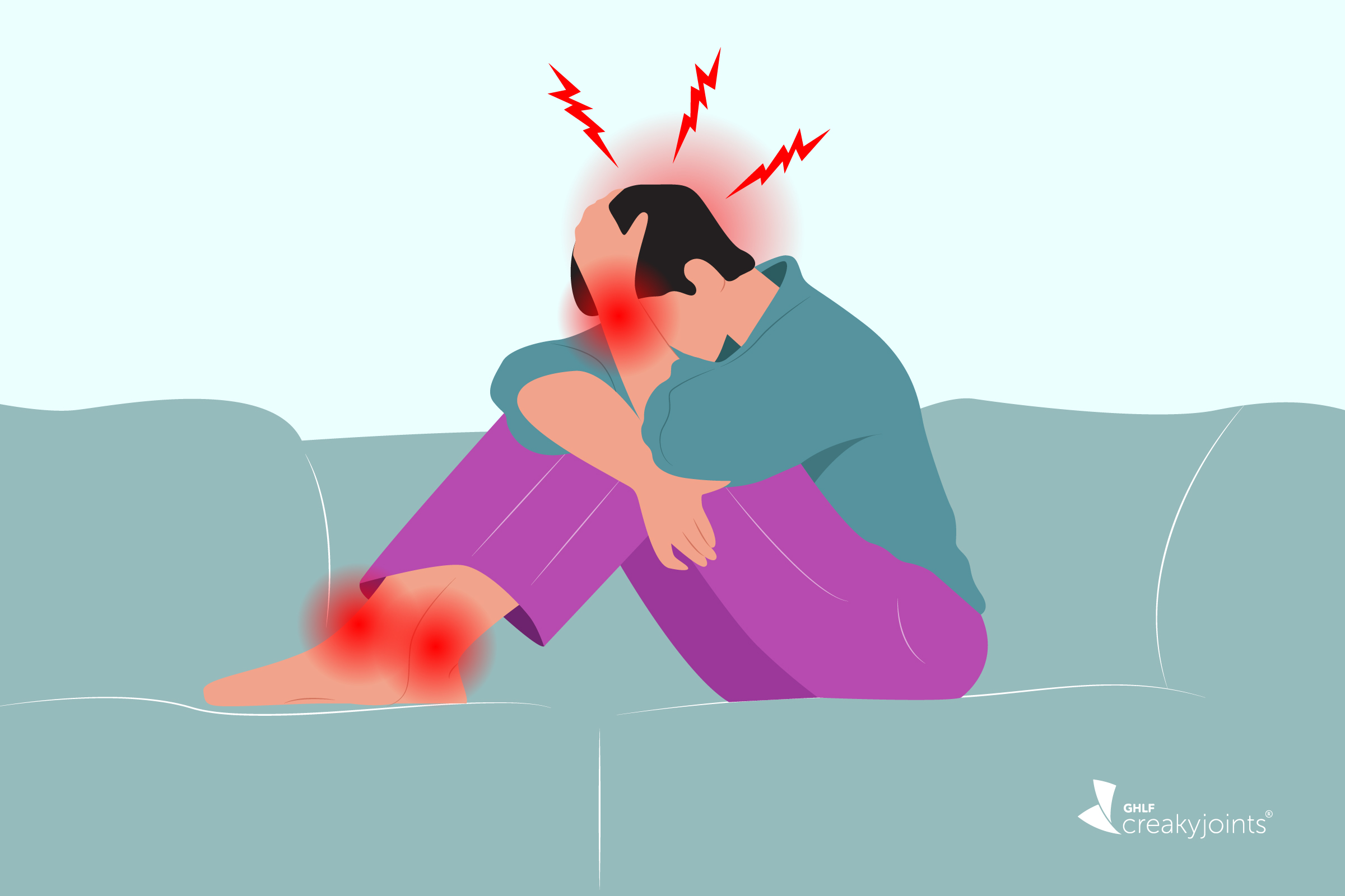 Illustration Of Woman In Purple Pants With Migraine Pain