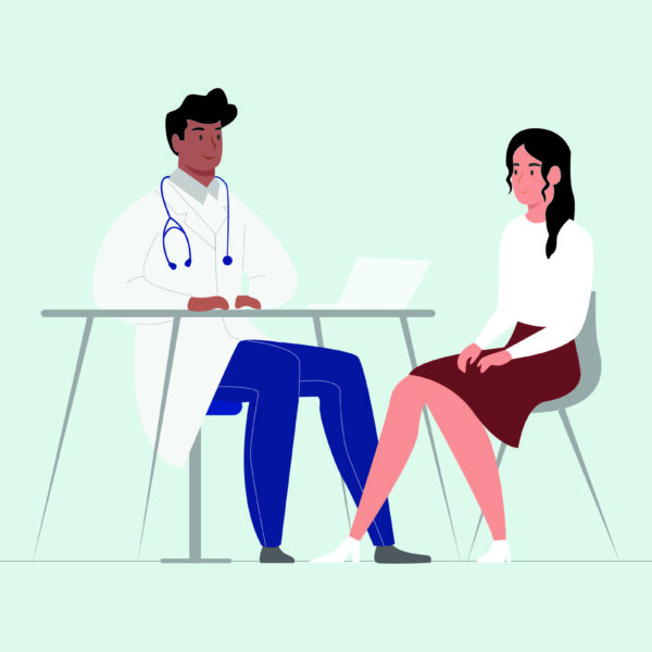 Cartoon image of doctor talking to patient